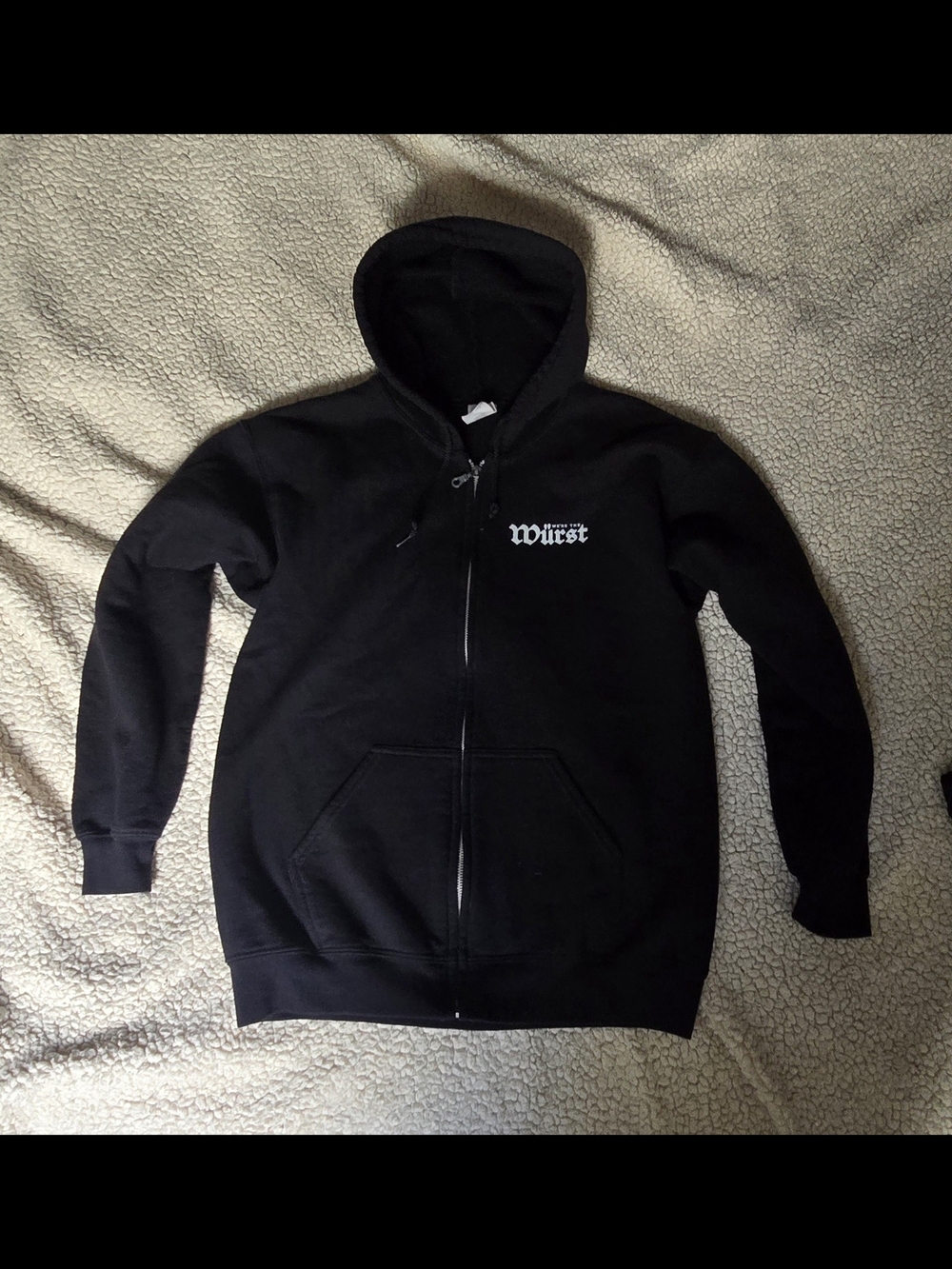 Gildan Black Zip Hoodie with We're The Wurst Logo Front And Back